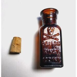 Vintage Amber Brown Glass Poison Tincture Iodine Bottle Halloween Decoration